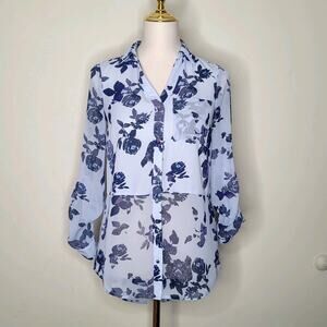 Candies Blue Floral Hi Lo Button‎ Up Roll Tab Sleeves Flowercore Bloomcore XS